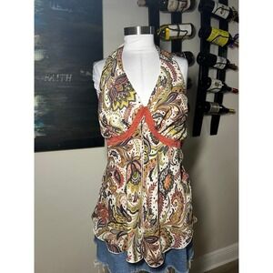 Vintage Torrid Womens Size 0 Multicolor Paisley Lace Trim Halter Neck Open Back